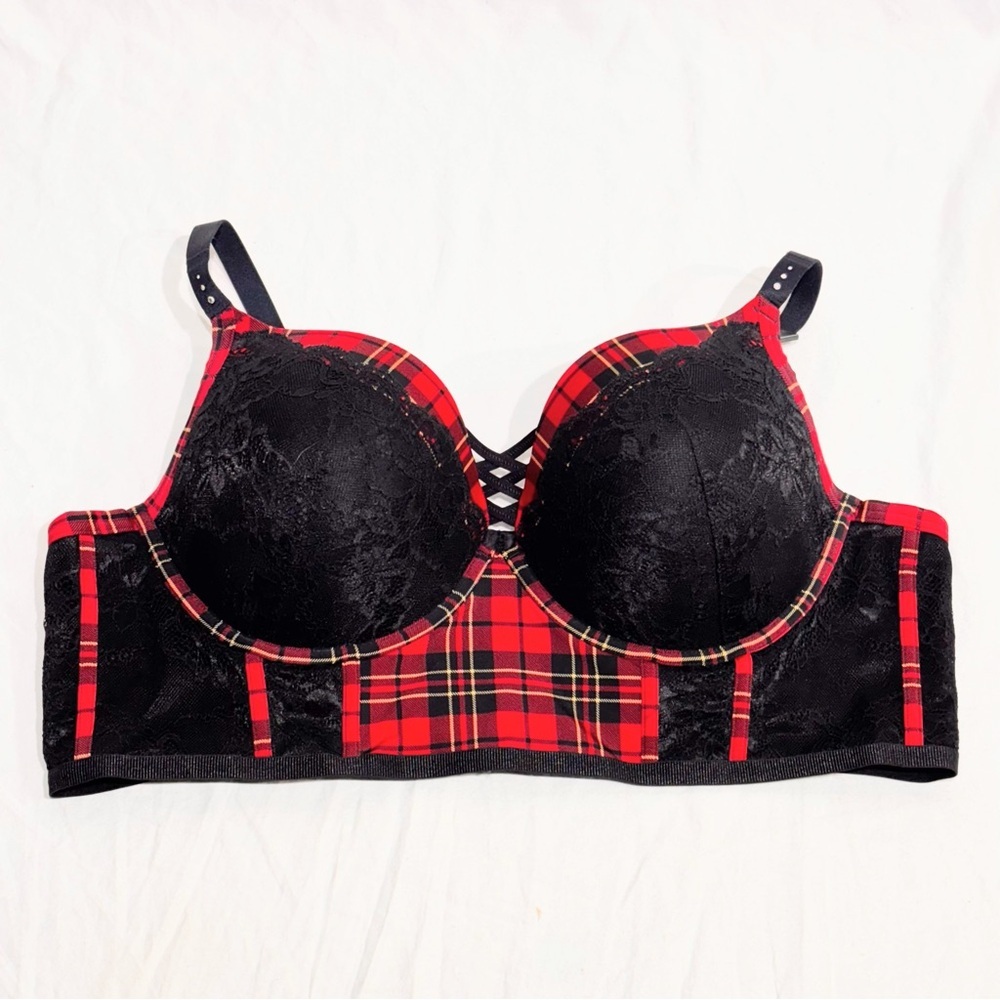 NWT Torrid XO Plunge Push-Up Wire Bra Noelle Plaid Lace Black Red Sz 46C Sexy